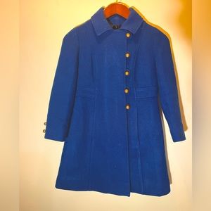 Vintage 1970s blue wool midi jacket with brass buttons. Size XXS/XS 2